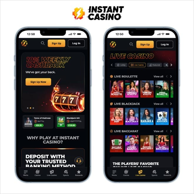 instant casino mobile screenshots on a white background